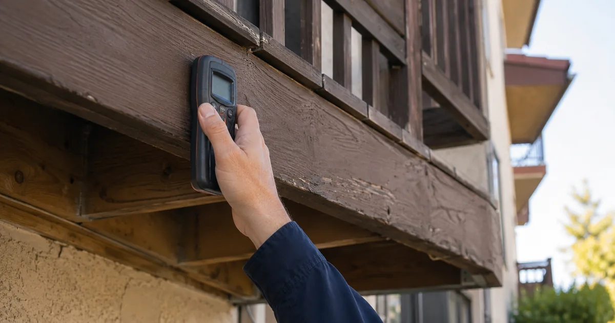 Home inspector holding a moisture meter against the wood framing of an elevated balcony to check for the concealed decay California's balcony-inspection laws target