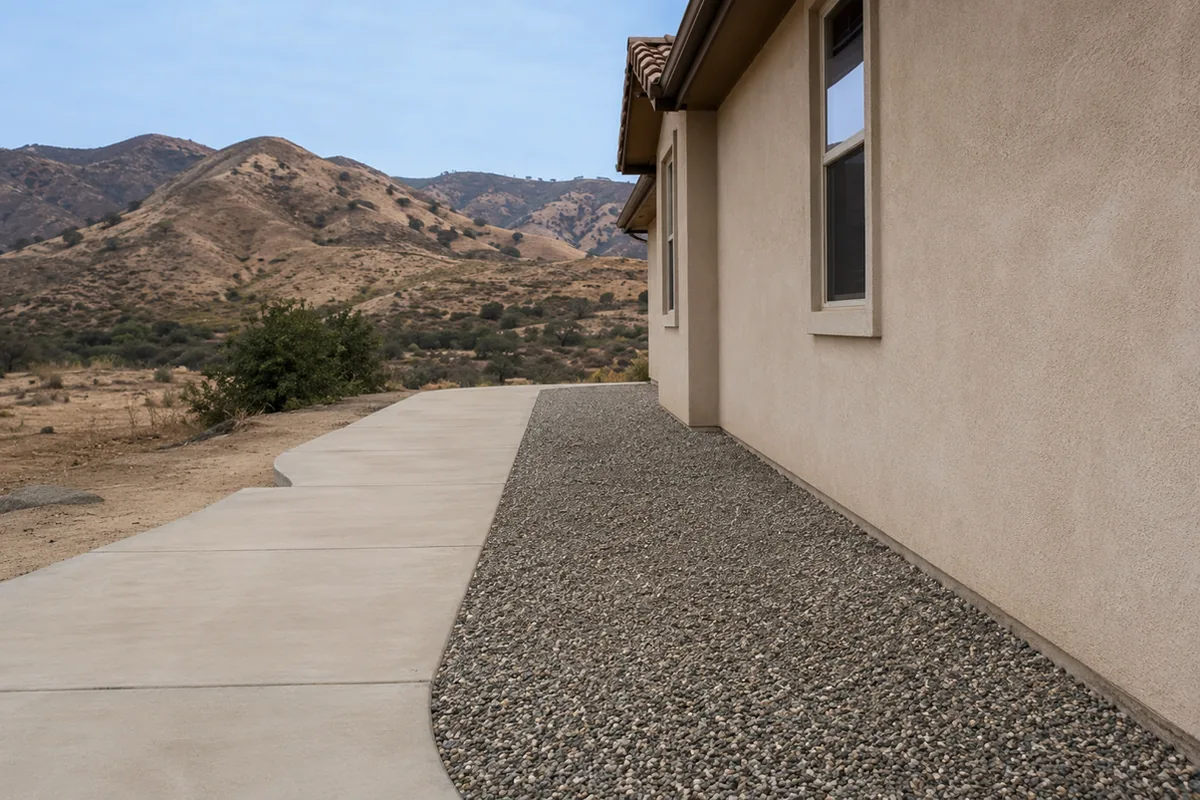 A non-combustible gravel strip in the first five feet around a stucco home, the ember-resistant Zone 0, with dry fire-prone foothills rising behind