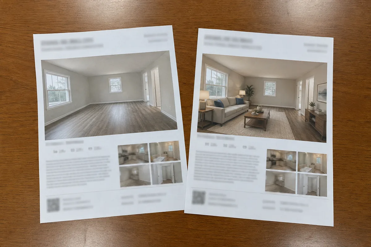 Two printed real estate flyers side by side on a table, one showing a plain unstaged room photo and the other showing the same room digitally staged with furniture
