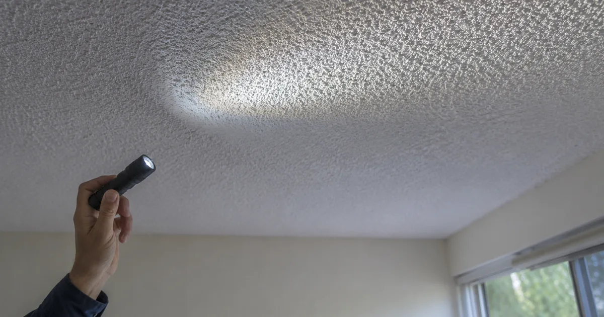 Home inspector pointing to a textured popcorn ceiling in a mid-century Anaheim tract home