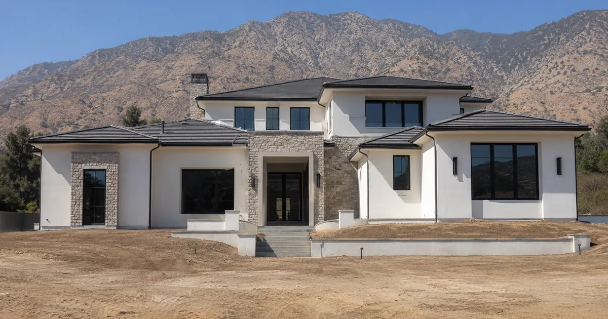 Large brand-new custom luxury home in Arcadia under a clear sky with the San Gabriel Mountains behind