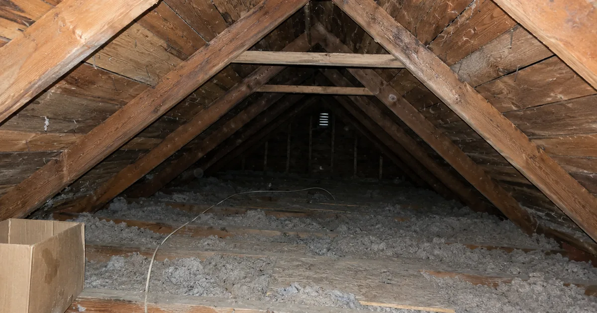 Older unfinished attic seen along the ridge, rafter pairs with thin boards across the upper third above gray blown-in insulation