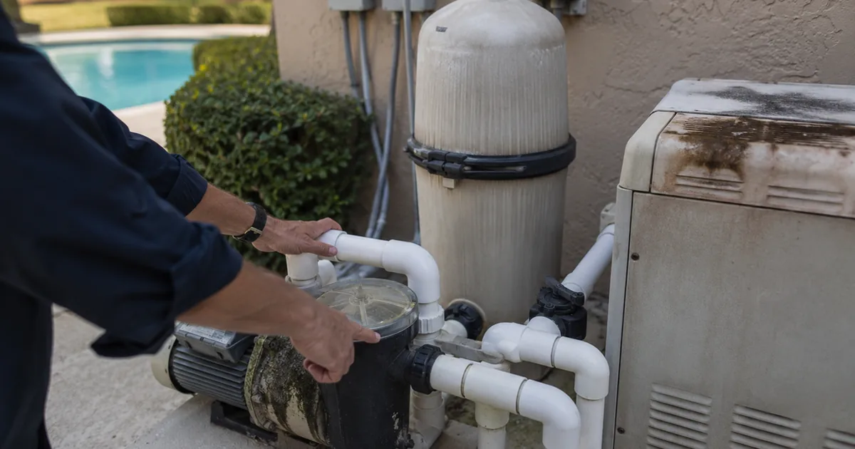 Home inspector checking the pump, filter, and heater on the equipment pad of a Beverly Hills estate pool