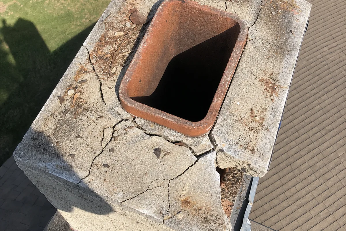 Top-down view of a cracked chimney crown with an open, uncapped clay flue tile and no spark arrestor