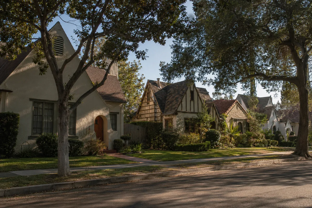 Wide view of a 1940s Burbank storybook and Tudor cottage street with mature trees