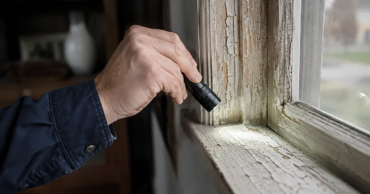 Home inspector examining chipping paint on the window trim of an older Burbank home