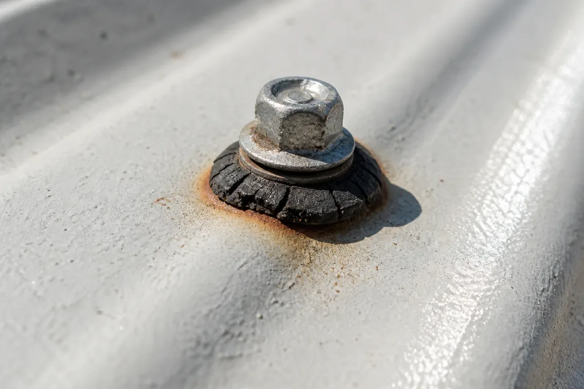 Extreme macro of an exposed-fastener metal roof screw with a shrunken, cracked rubber gasket washer and a rust halo bleeding around the shaft