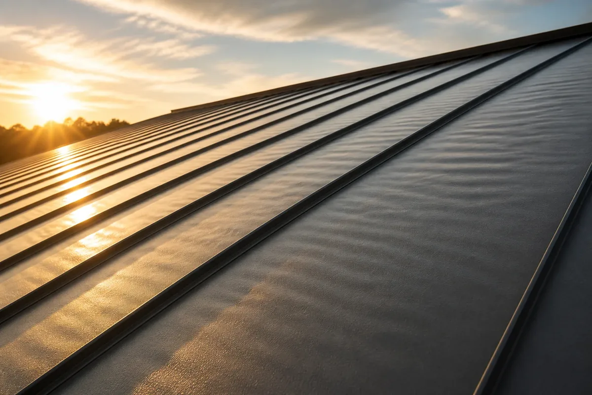 Low-angle raking shot along a standing-seam panel run showing wavy oil-canning distortion catching late-afternoon light