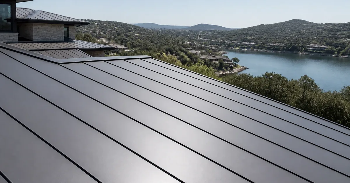A standing-seam metal roof panel run on a Canyon Lake home with concealed clip seams catching flat midday sun
