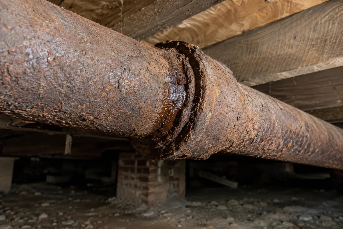 Underside view in a crawlspace of an old cast iron drain pipe with heavy rust, flaking scale, and staining where the pipe has begun to weep at a joint