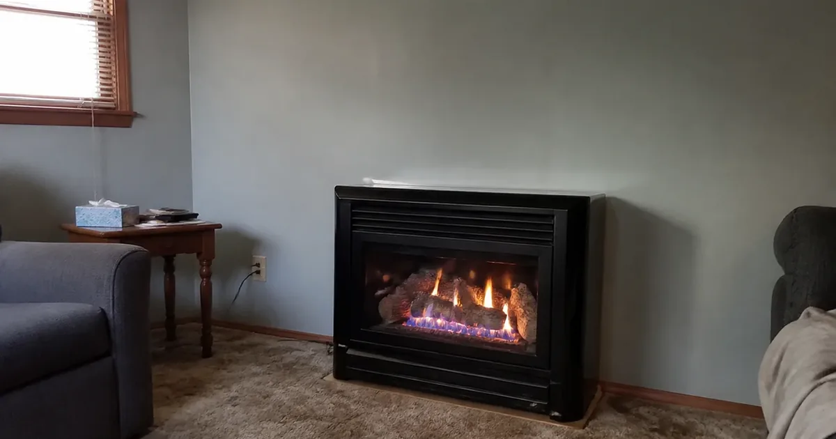 A freestanding unvented gas fireplace insert burning in a Chatsworth family room with no visible flue or vent connection to the exterior