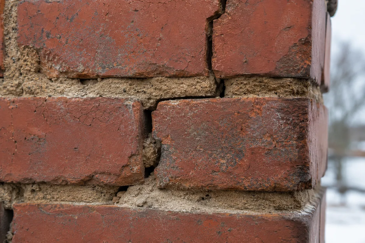 Extreme close-up of cracked, crumbling mortar joints and a stair-step crack in an old brick chimney