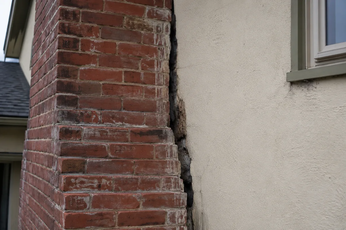 Close-up of a brick chimney that has pulled away from the stucco wall of a house, with a visible gap at the connection