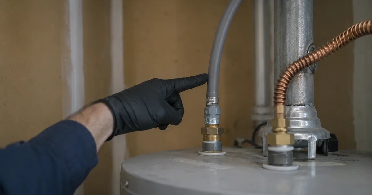 Inspector's gloved hand pointing to gray polybutylene water pipe entering a water heater in an early-1990s Chula Vista home