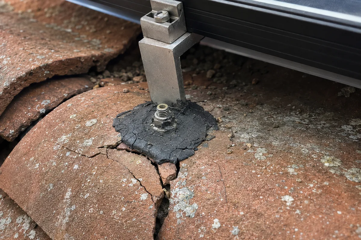 Solar mounting foot lag-bolted through a cracked roof tile with failed mastic and no metal flashing