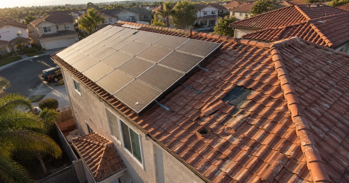 Drone view of a retrofit solar array on a Chula Vista tile roof with cracked tiles and aged mastic at mounting feet