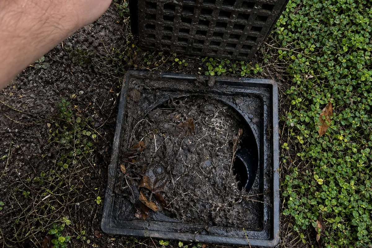 Hand lifting a silted plastic area-drain grate straight up out of its basin, revealing packed grey silt and leaf debris underneath