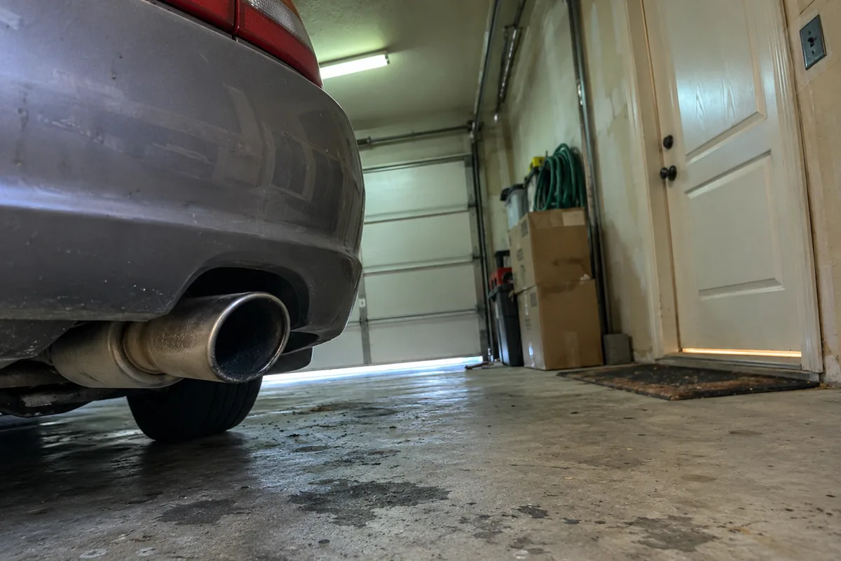 Low view behind a parked car’s bumper in an attached garage, the exhaust tip in the foreground and the interior door to the house beyond
