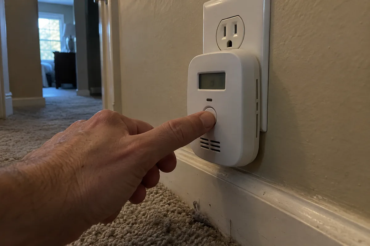 A bare hand pressing the test button on a plug-in carbon monoxide alarm at a low hallway outlet in dim light