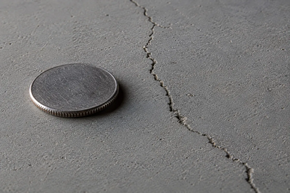 Extreme close-up of a fine crack running across a bare concrete floor slab, with a coin placed beside it for scale