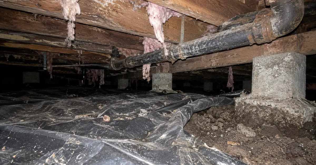 Flash photo from inside a crawl space showing wooden floor joists overhead, a rusty cast iron drain line, torn insulation hanging down, concrete piers, and a black plastic ground sheet bunched and pulled back from damp soil