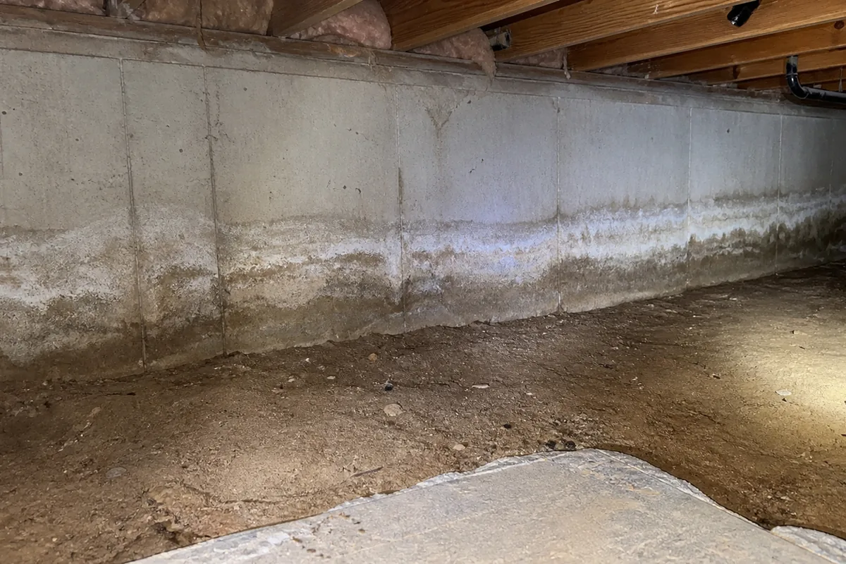 A crawlspace foundation wall with a visible horizontal moisture line and gray efflorescence staining rising above the original dampproofing coating