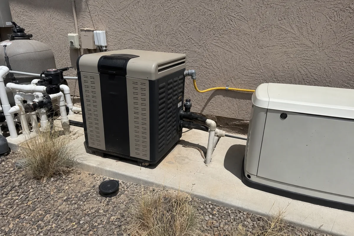 Yellow CSST gas tubing running along an exterior wall to a pool and spa heater and standby generator on an outdoor equipment pad