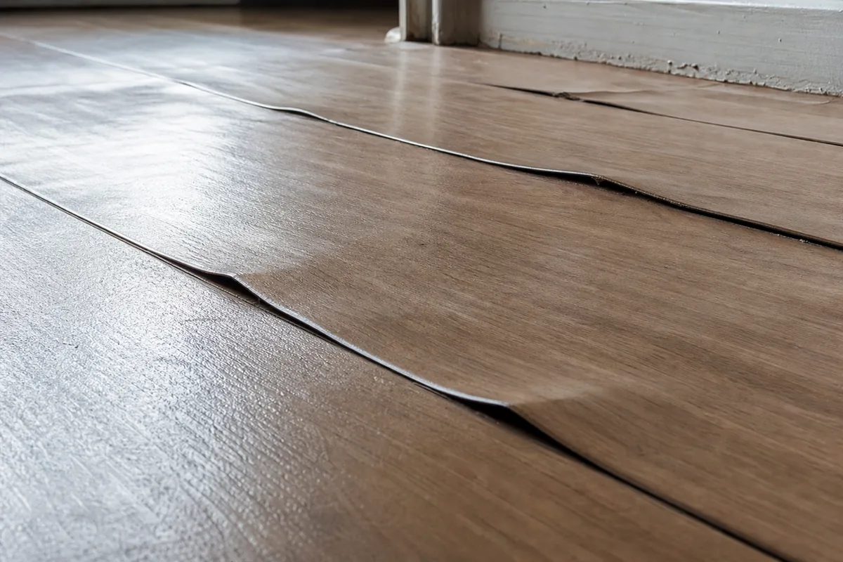 Laminate flooring cupped and lifted at the plank seams from moisture below, the raised board edges forming a faint washboard pattern in raking light