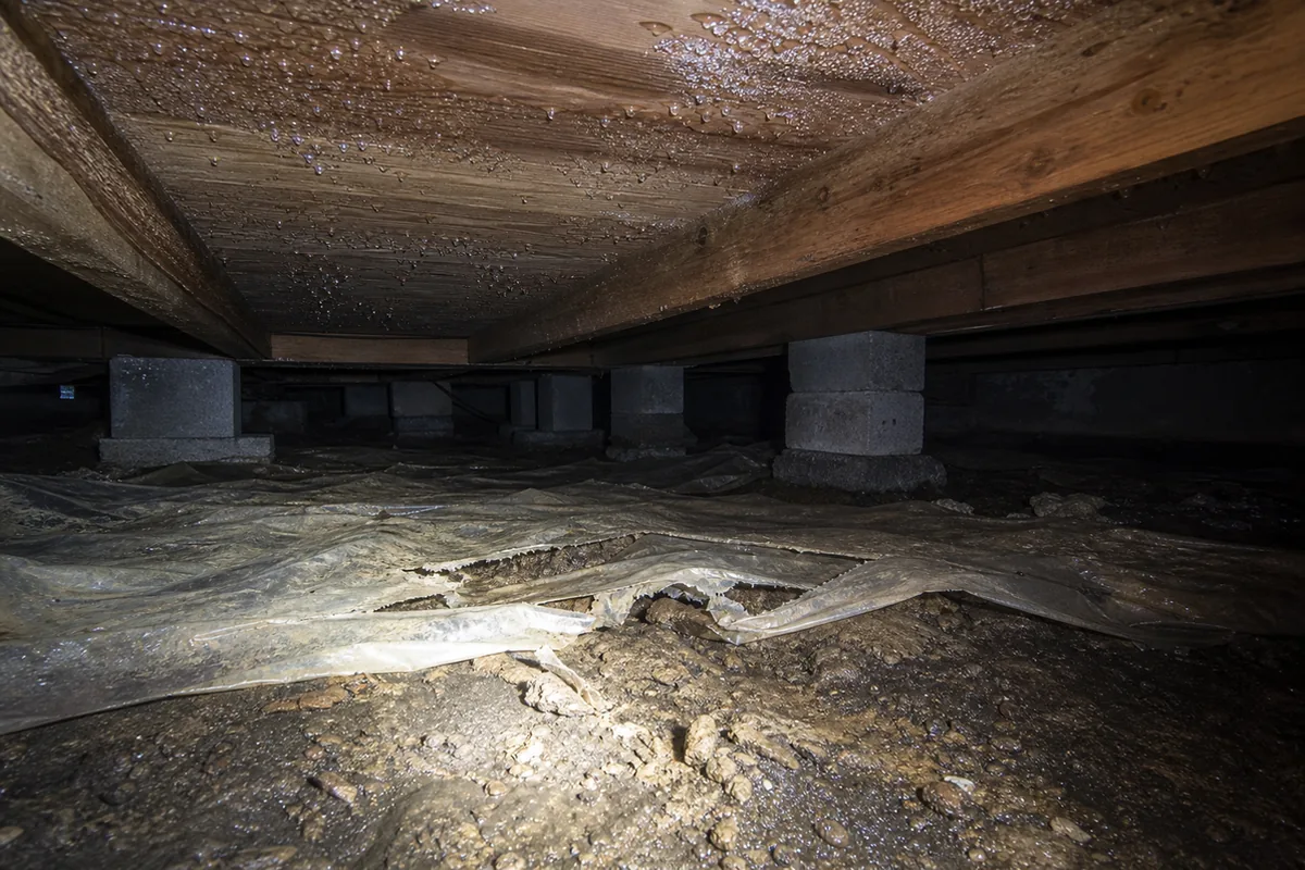 A dim raised-foundation crawlspace with damp dark soil, a torn plastic vapor barrier over the ground, and condensation droplets on the underside of the subfloor and joists in a flashlight beam