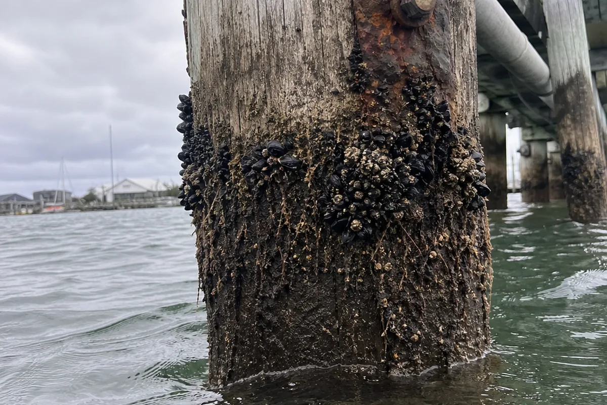 Weathered wooden dock piling at the waterline crusted with barnacles and stringy marine growth