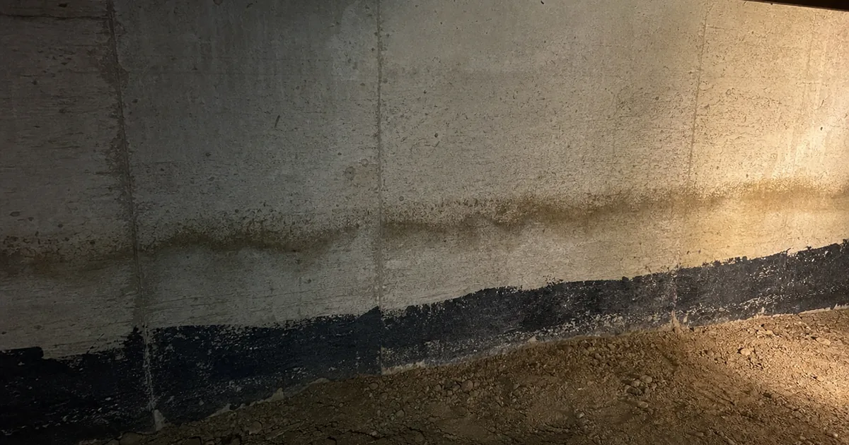 A below-grade foundation stem wall in a Downey crawlspace showing a thin black asphalt-emulsion coating stopping short of a moisture line