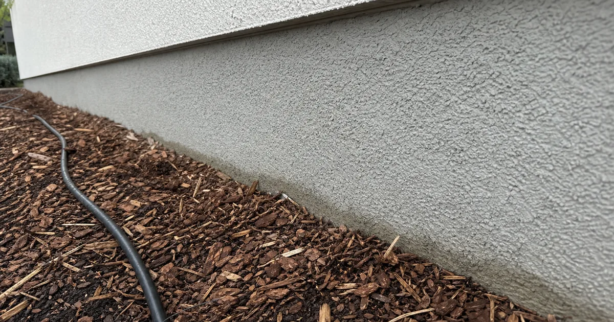 Base of a stucco wall on an Eastvale home where soil and a planter bed have been built up over the weep screed