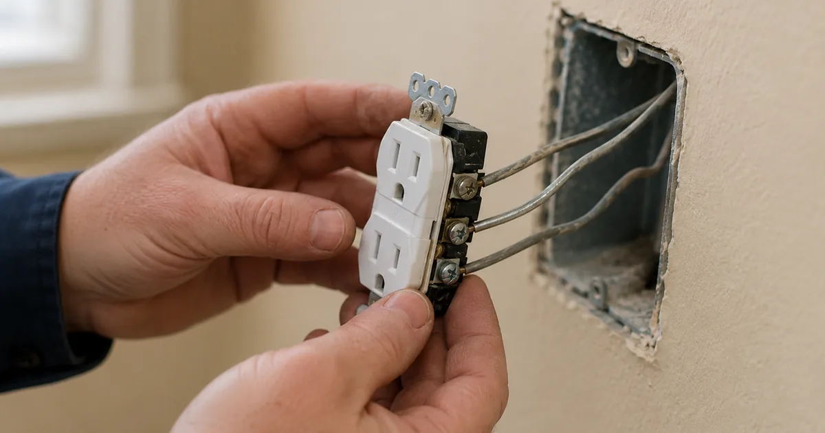 Home inspector's hands holding a receptacle pulled from a wall box, exposing single-strand aluminum branch wiring in an older El Cajon home