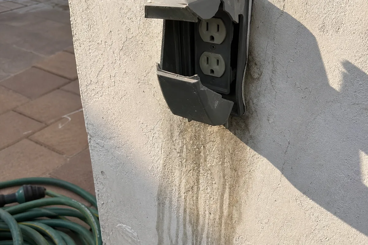 An exterior stucco-wall receptacle with a cracked weather cover hanging open near a patio, exposed to the weather