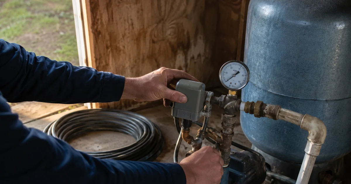 Inspector checking a private well pressure tank and pump in the equipment shed of a rural Fallbrook avocado-grove property