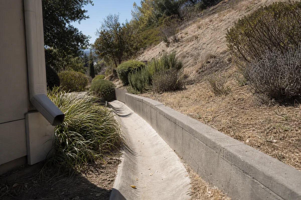 Concrete brow ditch and low retaining wall along the uphill edge of a foothill yard at the base of a dry chaparral slope