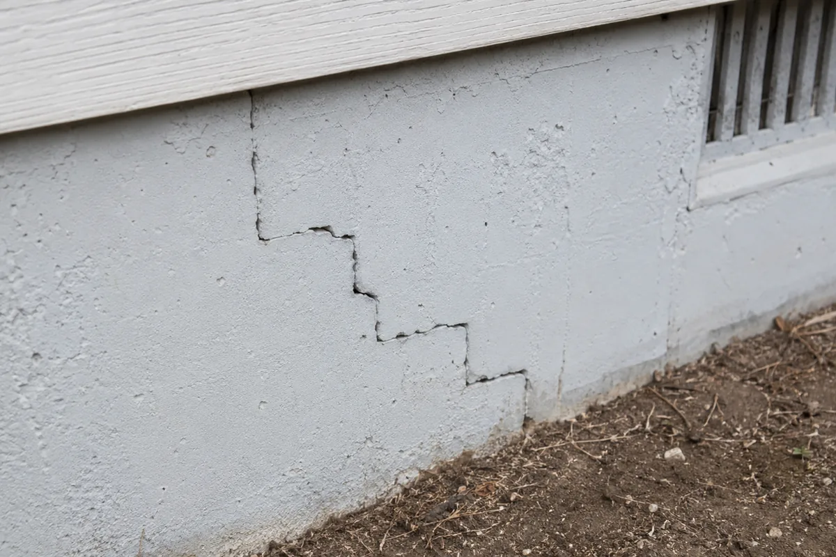 Stair-step crack running through a concrete foundation stem wall where the ground has settled unevenly