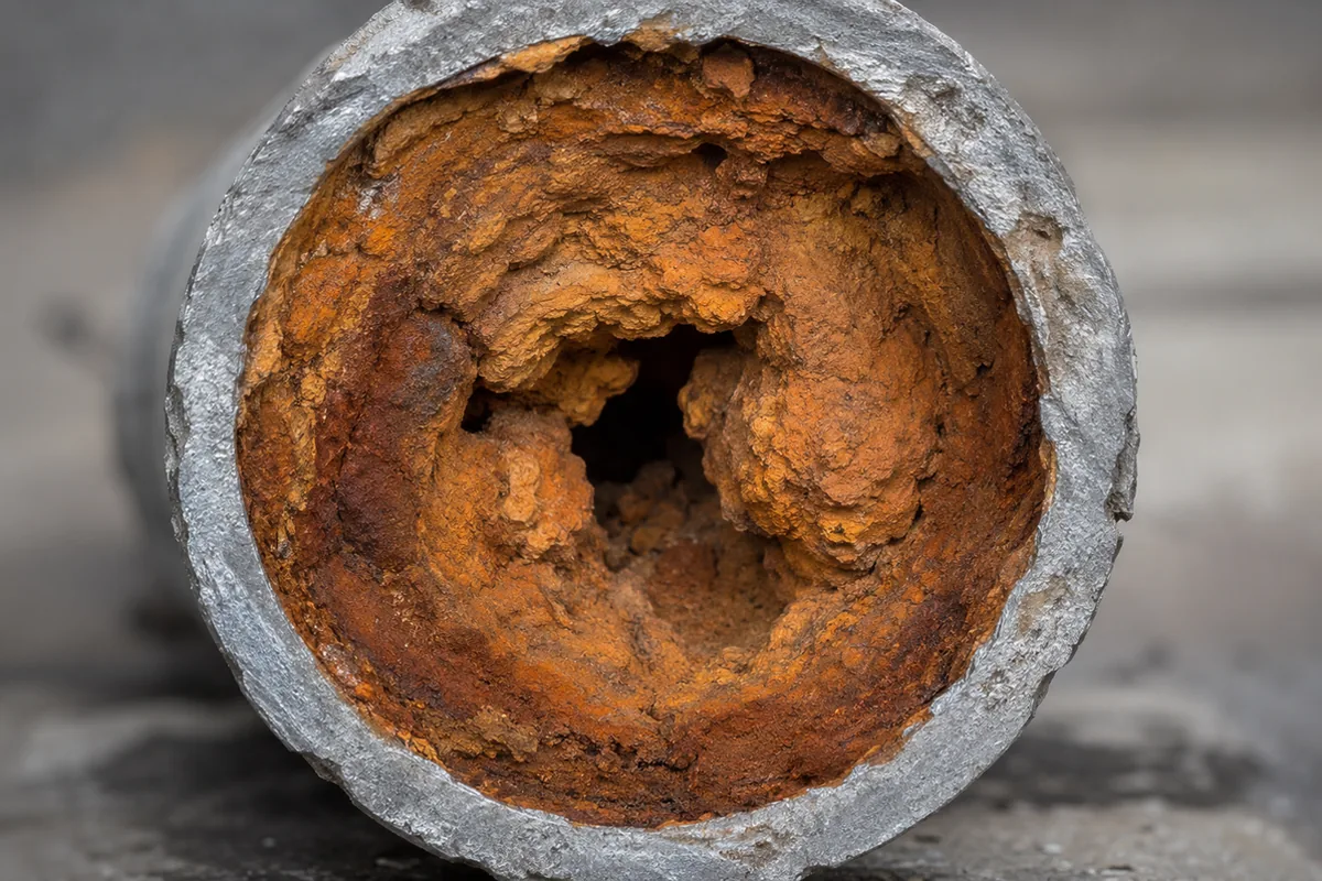 Macro view looking into the cut end of an old galvanized water pipe with the interior bore nearly closed by orange rust and mineral scale