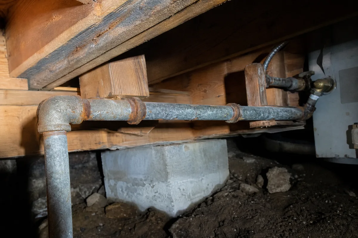 Aged galvanized steel supply pipes with rust at the threaded fittings running along crawlspace joists toward a water heater