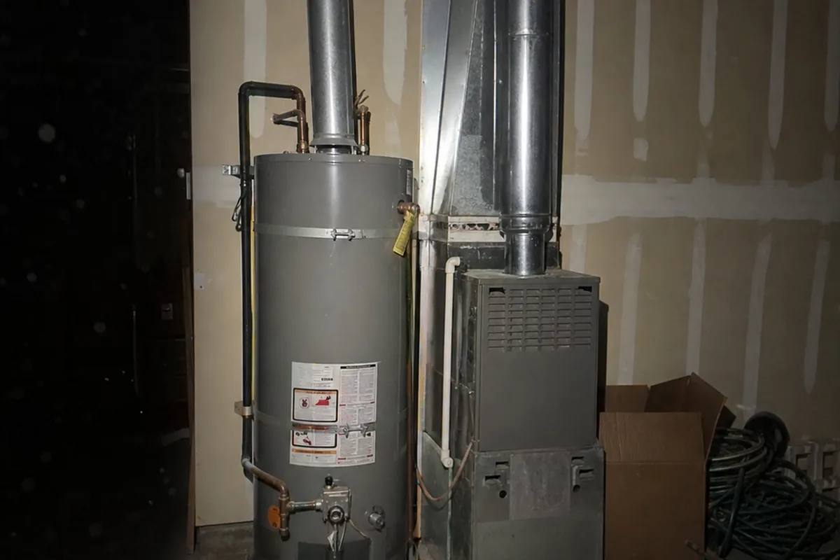 Tight, flash-lit view inside a dim attached garage showing a gas water heater and furnace with their flue pipes, the surrounding bare wall and ceiling completely empty of any alarm or detector device, harsh shadows falling to near black