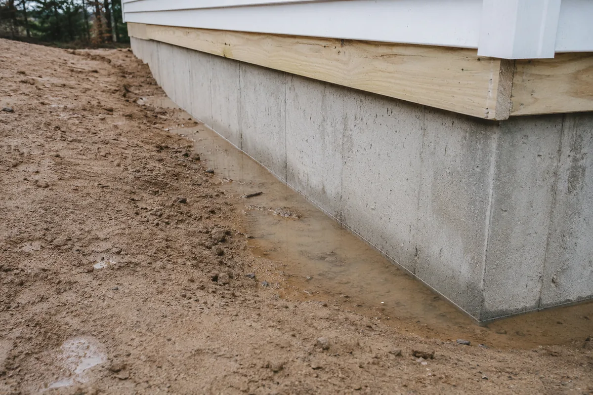 Base of a newly built home's foundation wall meeting freshly graded bare soil, with a small area of standing water and silt against the concrete after rain