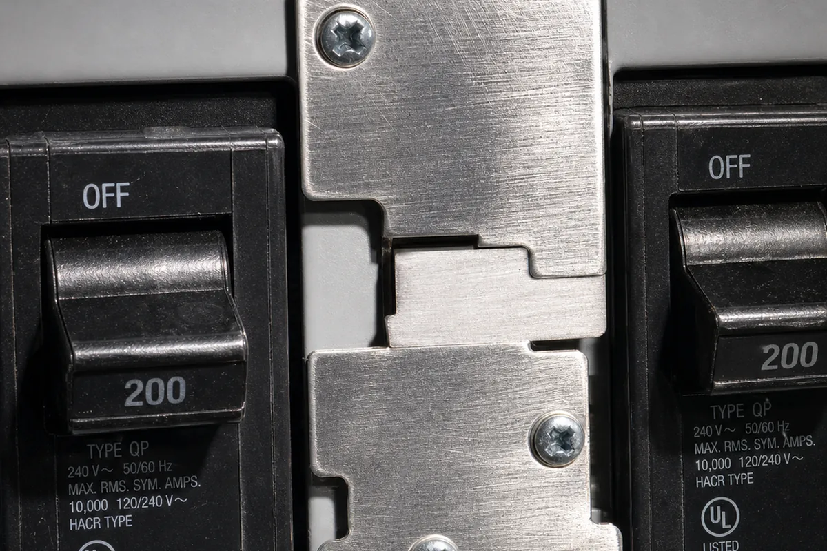 Close macro view of a listed interlock kit installed at a Hemet home’s main panel, the sliding mechanical plate preventing the main and generator breakers from both being switched on