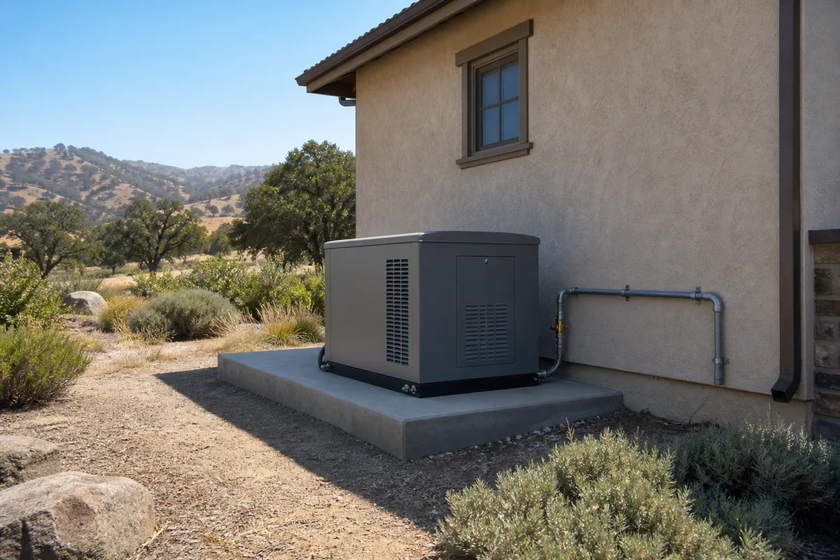 Wide exterior context shot of a permanently installed standby generator on a concrete pad beside a Hemet house, natural gas line visible running to the unit