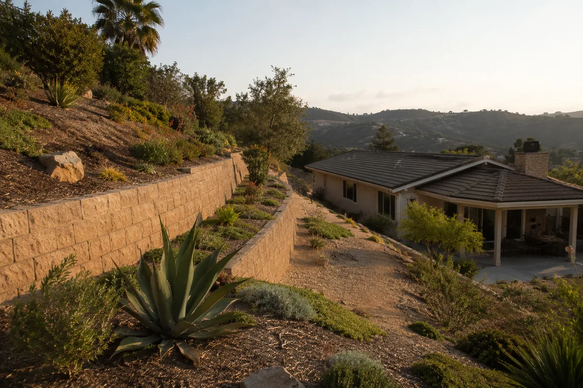 Wide view of a Poway hillside backyard with tiered block retaining walls and a sloped, dry-landscaped yard above a custom home