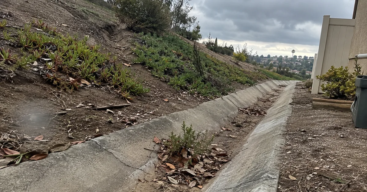A concrete terrace drain across a planted hillside slope behind a stucco house, half filled with silt and dry leaves with a weed growing from it, under a gray sky with storm clouds building