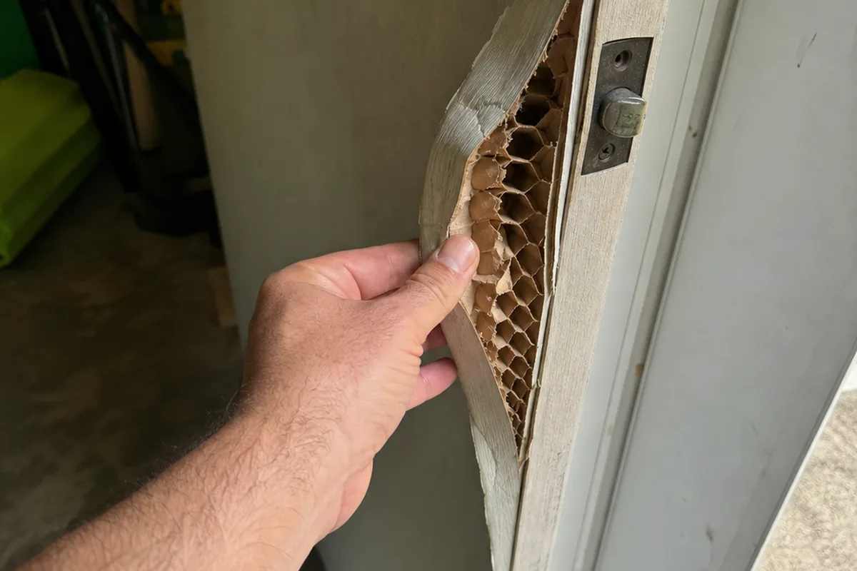 Hand peeling back a split veneer edge of a hollow-core garage door, revealing the cardboard honeycomb lattice inside instead of solid material