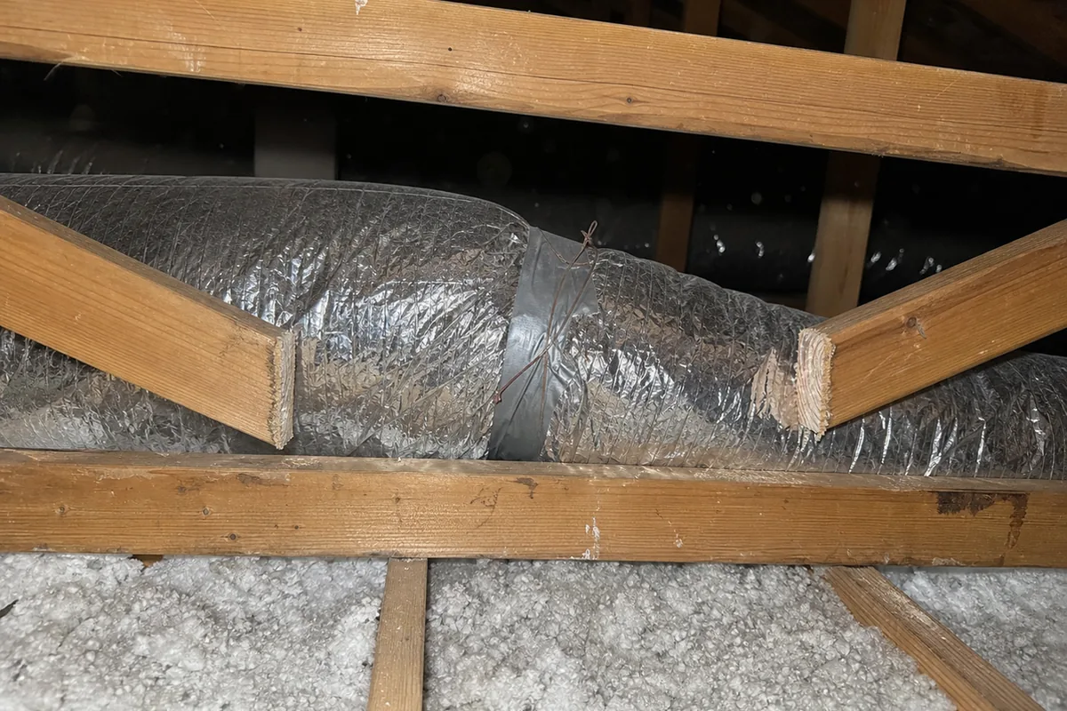 A flexible HVAC duct pushed through a gap where a truss web member was cut away, the severed ends visible on either side