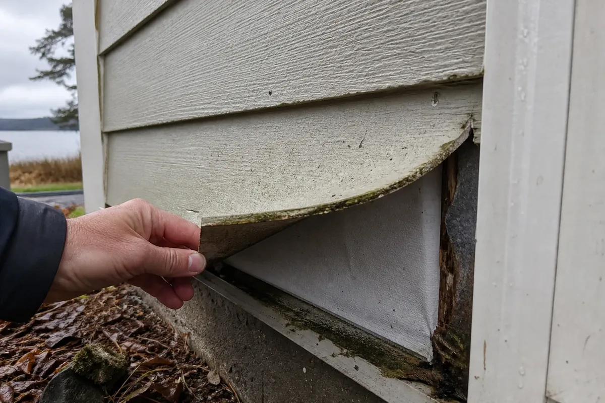 A hand gently pulling back a loose section of fiber-cement siding at a wall corner to check the housewrap condition underneath
