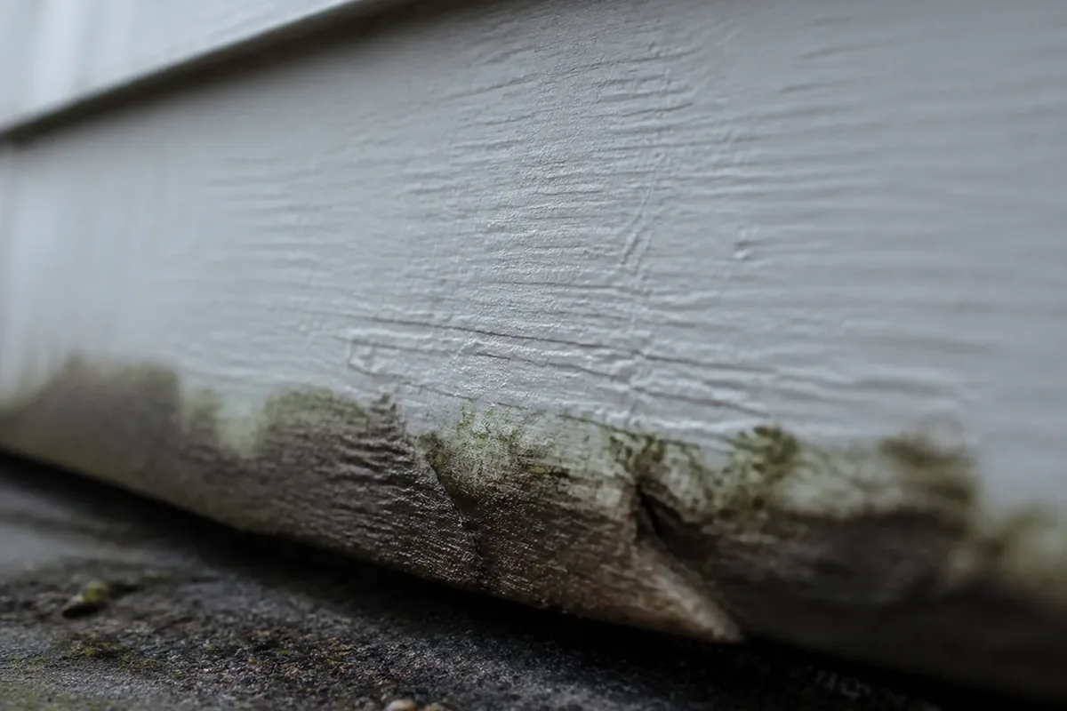 Close macro of a dark staining pattern and slightly bowed wood siding near the base of an exterior wall, overcast coastal light