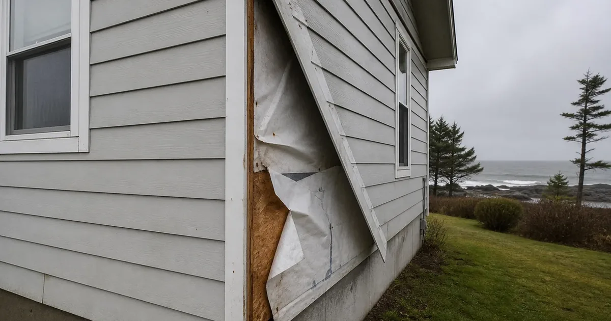 A section of lap siding pulled back at a corner in an Imperial Beach home, revealing torn and improperly lapped housewrap underneath